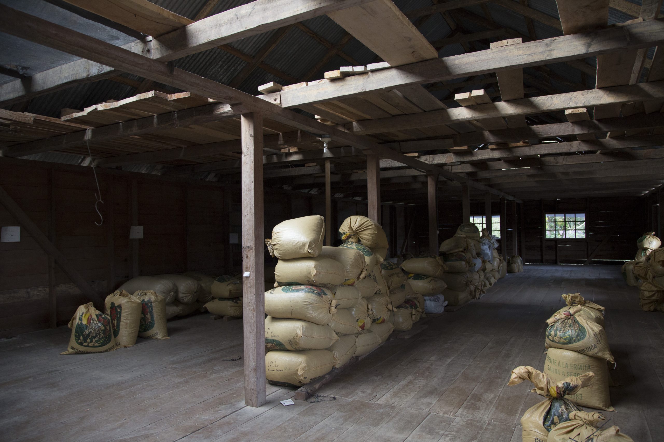 Sacks of cacao in the farm’s wooden storehouse in Guatemala