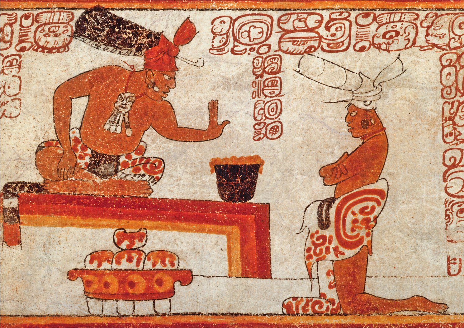 Painted Maya vase: a ruler on a throne, in front of him a vessel of frothy cacao, opposite him a kneeling man